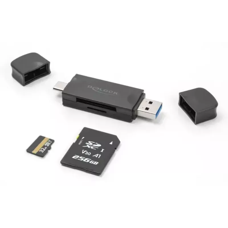 Kortelių skaitytuvas DELOCK USB 5 Gbps USB Type-C / Type-A SD ir MicroSD, juodas, 5000 Mbit/s, 21×77×10 mm