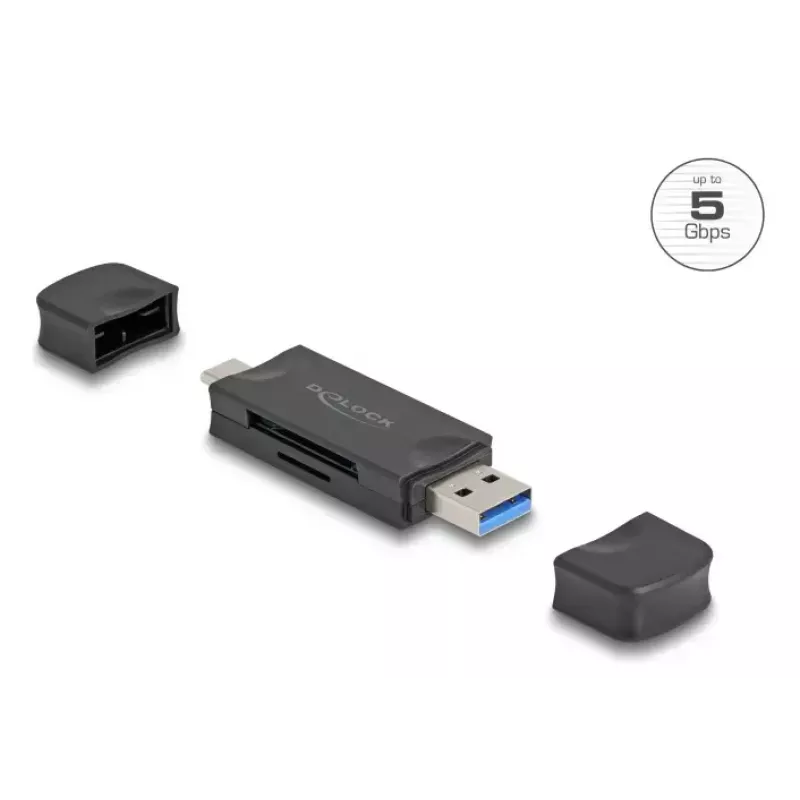 Kortelių skaitytuvas DELOCK USB 5 Gbps USB Type-C / Type-A SD ir MicroSD, juodas, 5000 Mbit/s, 21×77×10 mm