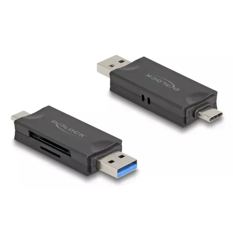 Kortelių skaitytuvas DELOCK USB 5 Gbps USB Type-C / Type-A SD ir MicroSD, juodas, 5000 Mbit/s, 21×77×10 mm