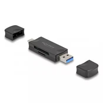 Kortelių skaitytuvas DELOCK USB 5 Gbps USB Type-C / Type-A SD ir MicroSD, juodas, 5000 Mbit/s, 21×77×10 mm