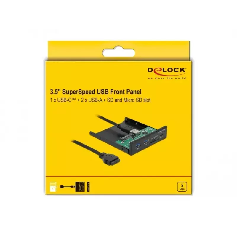DeLOCK priekinis skydelis 3,5 colio USB 5 Gbps 1 x USB Type-C + 2 x USB Type-A + SD ir Micro SD lizdai