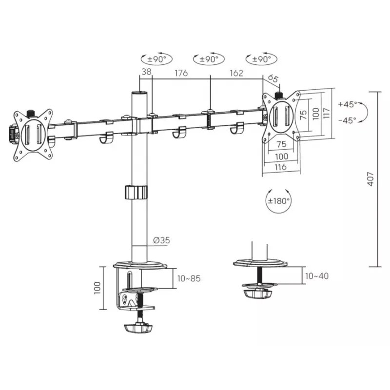 Equip 17 inch-32 inch dvikojis reguliuojamas monitorių laikiklis ant stalo, baltas