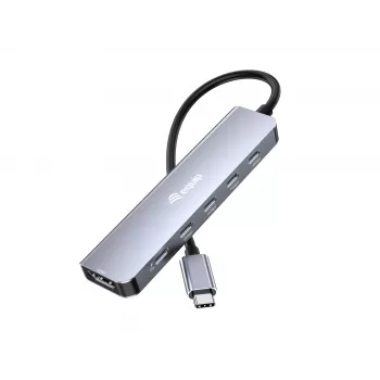 Adapteris EQUIP USB-C 6‑in‑1 Multifunkcinis — HDMI 4K/60Hz, 4× USB‑C Gen2 (10Gbps), 100W PD, 0,25 m laidas, Pilka