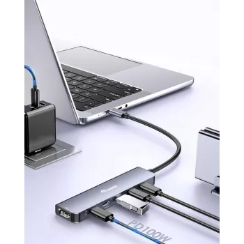 Adapteris EQUIP USB-C 6‑in‑1 Multifunkcinis — HDMI 4K/60Hz, 4× USB‑C Gen2 (10Gbps), 100W PD, 0,25 m laidas, Pilka