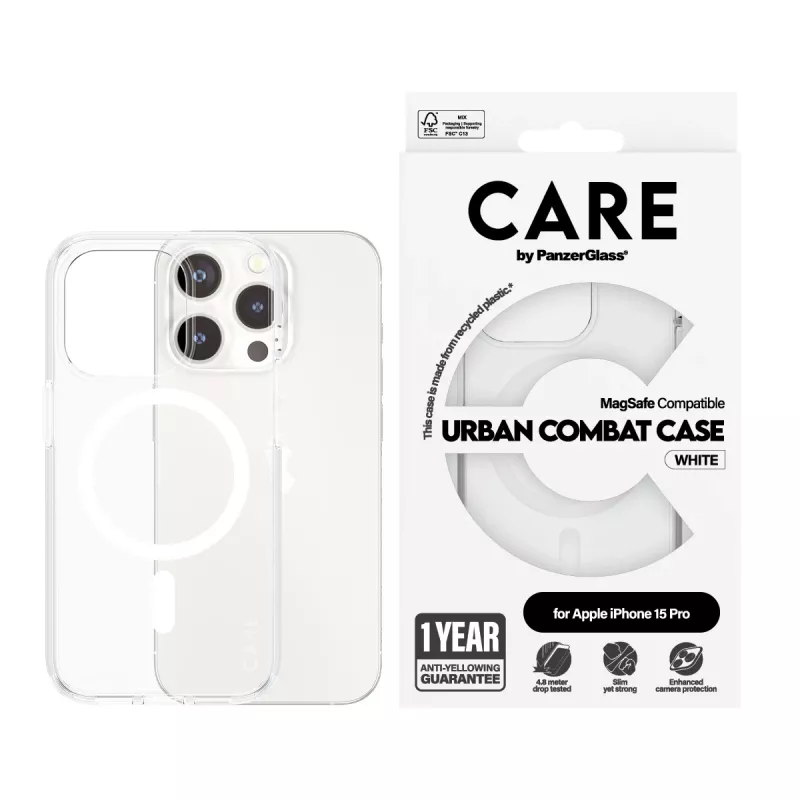PanzerGlass CARE™ by ® Urban Combat Case skaidrus su balta MagSafe iPhone 15 Pro