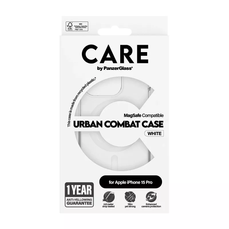 PanzerGlass CARE™ by ® Urban Combat Case skaidrus su balta MagSafe iPhone 15 Pro