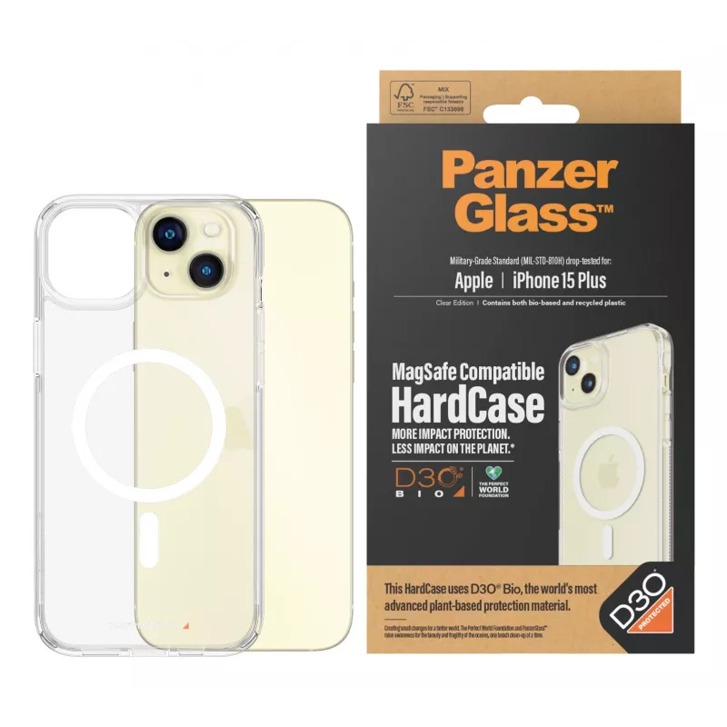 PanzerGlass 1182 HardCase MagSafe apsauginis telefono dėklas iPhone 15 Plus / 14 Plus 6,7″, D3O, 3x karinės klasės, permatomas