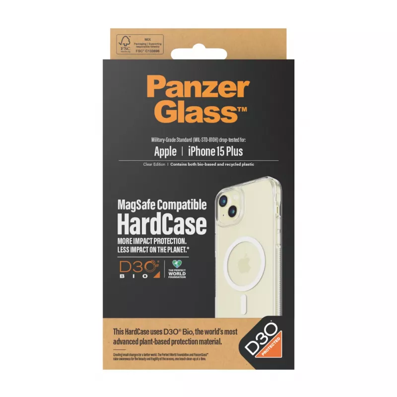 PanzerGlass 1182 HardCase MagSafe apsauginis telefono dėklas iPhone 15 Plus / 14 Plus 6,7″, D3O, 3x karinės klasės, permatomas