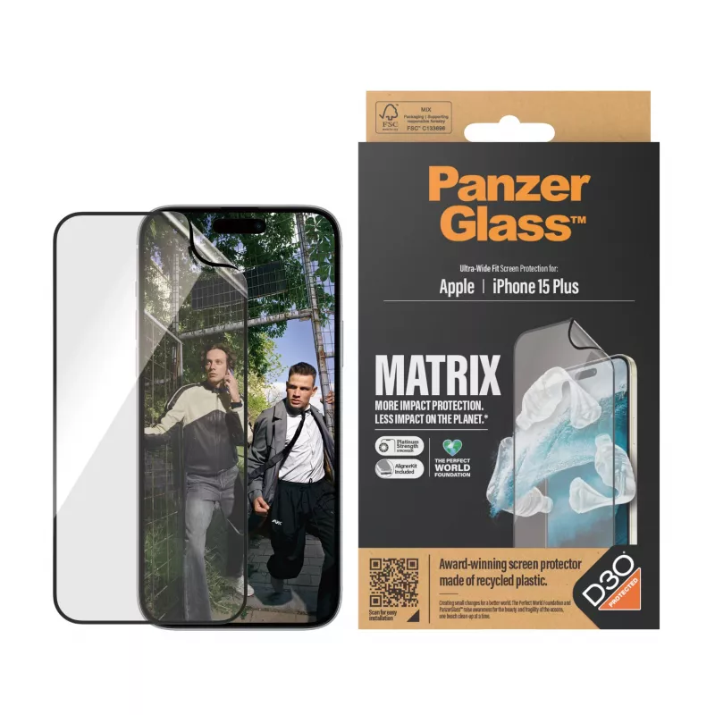 PanzerGlass ECO MATRIX ekrano apsauga su D3O® iPhone 15 Plus | Ultra-Wide Fit su AlignerKit