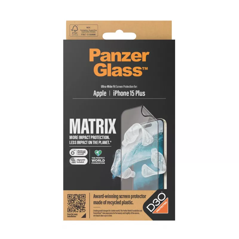PanzerGlass ECO MATRIX ekrano apsauga su D3O® iPhone 15 Plus | Ultra-Wide Fit su AlignerKit