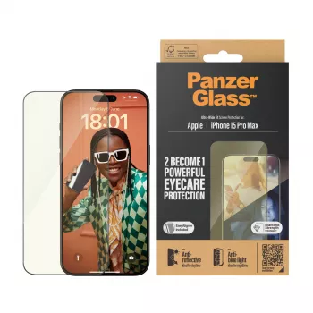 PanzerGlass® EyeCARE™ ekrano apsauga iPhone 15 Pro Max | Ultra-Wide Fit su EasyAligner