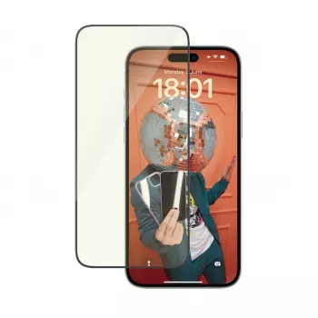 Apsauginis stiklas PanzerGlass Eyecare iPhone 15 Plus – Ultra-Wide Fit, atsparus smūgiams, sausas klijavimas