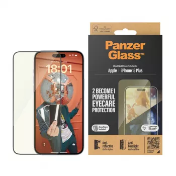 Apsauginis stiklas PanzerGlass Eyecare iPhone 15 Plus – Ultra-Wide Fit, atsparus smūgiams, sausas klijavimas