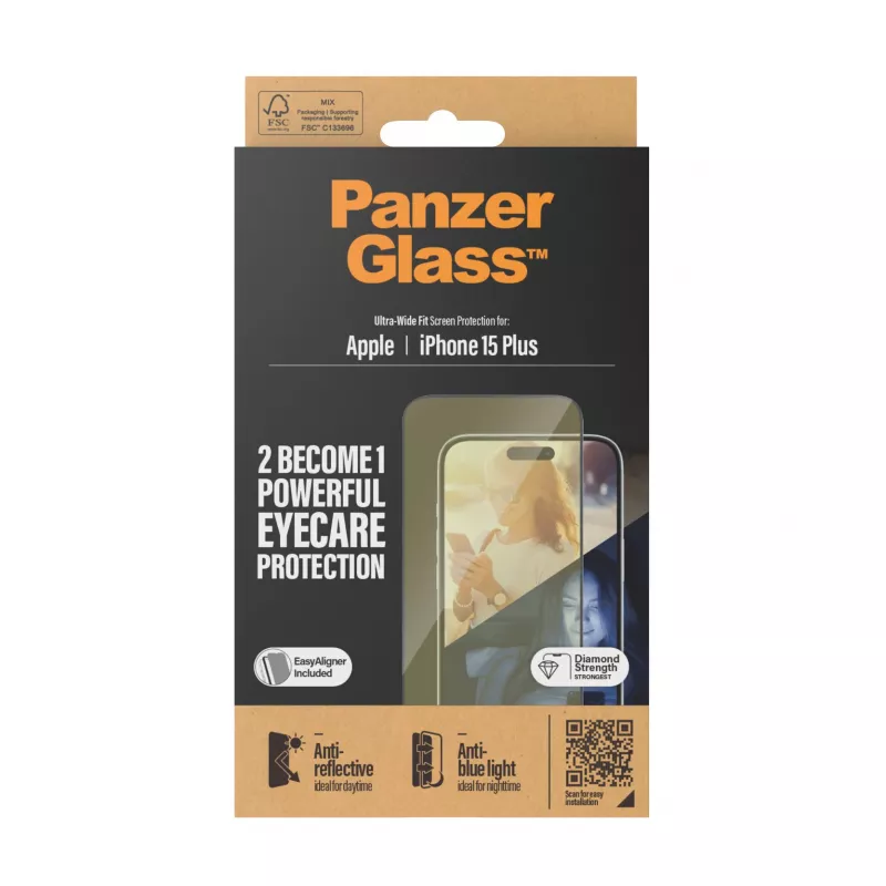 Apsauginis stiklas PanzerGlass Eyecare iPhone 15 Plus – Ultra-Wide Fit, atsparus smūgiams, sausas klijavimas