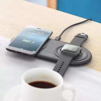 RealPower ChargeAIR Duo belaidis įkroviklis išmaniesiems telefonams ir laikrodžiams, juodas, USB, vidaus naudojimui