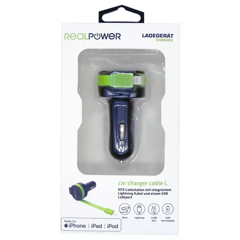 Automobilinis įkroviklis RealPower 257637 Universal Black Green su integruotu Lightning kabeliu