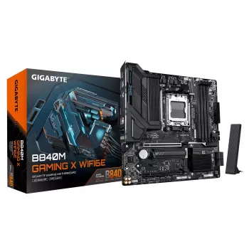 GIGABYTE B840M GAMING X WIFI6E pagrindinė plokštė – AMD Ryzen 9000, 8+2+2 VRM, DDR5 8200 MHz, 2xPCIe 4.0 M.2, Wi-Fi 6E, 2.5GbE LAN