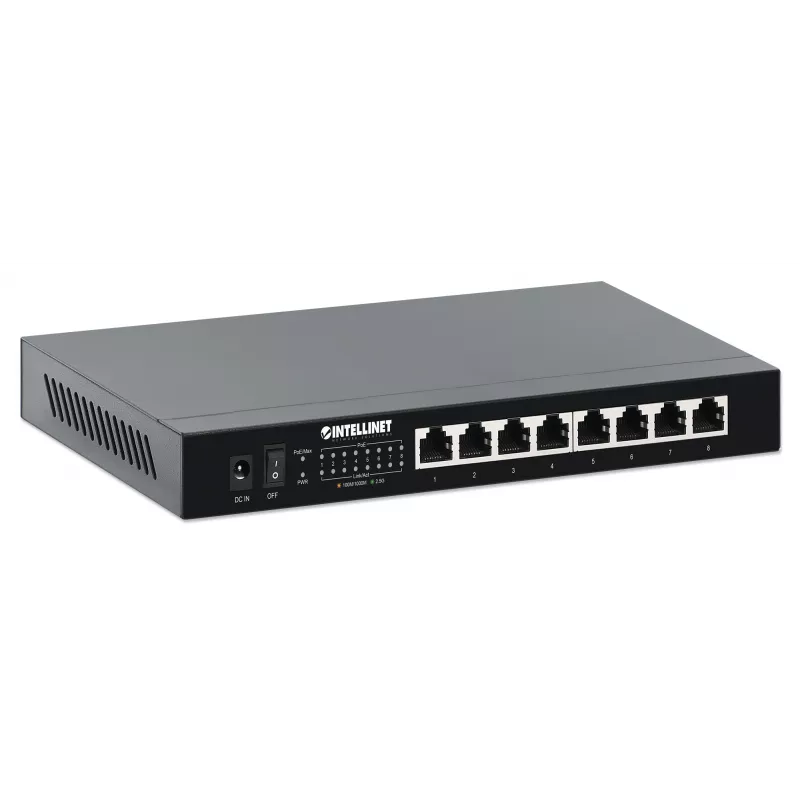 Intellinet 8 prievadų 2,5G Ethernet PoE+ jungiklis: aštuoni 10/100/1000/2500 Mbps PSE PoE+ prievadai, 100 W PoE galios biudžetas, nevaldomas, stalinis / montuojamas ant sienos