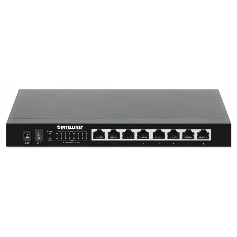 Intellinet 8 prievadų 2,5G Ethernet PoE+ jungiklis: aštuoni 10/100/1000/2500 Mbps PSE PoE+ prievadai, 100 W PoE galios biudžetas, nevaldomas, stalinis / montuojamas ant sienos