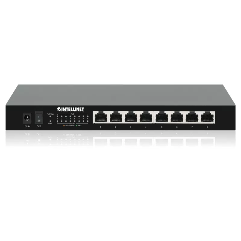 Intellinet 8 prievadų 2,5G Ethernet PoE+ jungiklis: aštuoni 10/100/1000/2500 Mbps PSE PoE+ prievadai, 100 W PoE galios biudžetas, nevaldomas, stalinis / montuojamas ant sienos