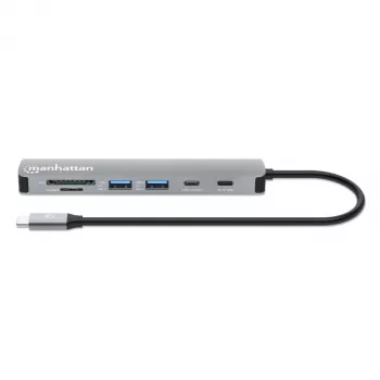 Manhattan USB-C Dock / Hub su kortelių skaitytuvu, prievadai (x5): HDMI, USB-A (x2) ir USB-C (x2), su Power Delivery (PD) 100W – reikalingas išorinis USB-C įkroviklis (neįtrauktas). Maitinamas per USB (nereikia išorinio maitinimo šaltinio), kai PD nenaudo