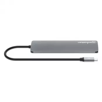 Manhattan USB-C Dock / Hub su kortelių skaitytuvu, prievadai (x5): HDMI, USB-A (x2) ir USB-C (x2), su Power Delivery (PD) 100W – reikalingas išorinis USB-C įkroviklis (neįtrauktas). Maitinamas per USB (nereikia išorinio maitinimo šaltinio), kai PD nenaudo
