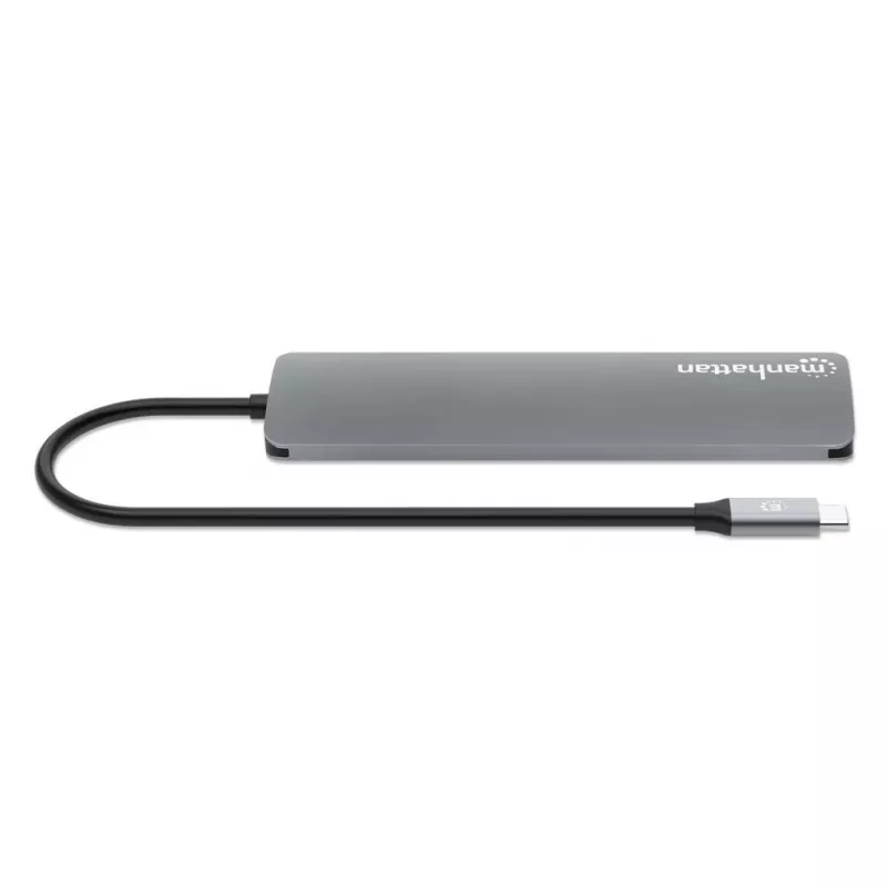Manhattan USB-C Dock / Hub su kortelių skaitytuvu, prievadai (x5): HDMI, USB-A (x2) ir USB-C (x2), su Power Delivery (PD) 100W – reikalingas išorinis USB-C įkroviklis (neįtrauktas). Maitinamas per USB (nereikia išorinio maitinimo šaltinio), kai PD nenaudo