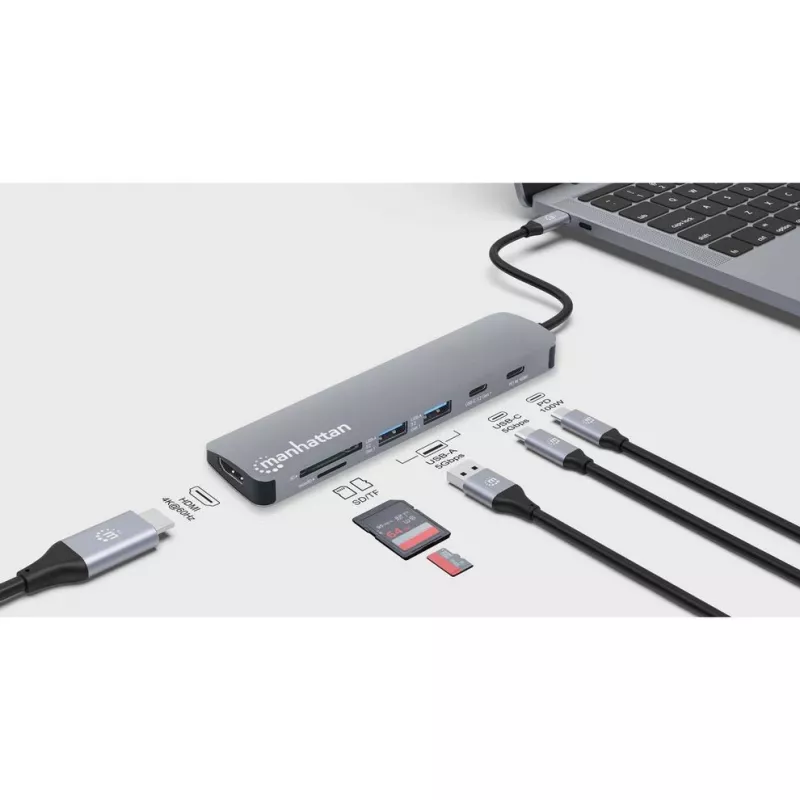 Manhattan USB-C Dock / Hub su kortelių skaitytuvu, prievadai (x5): HDMI, USB-A (x2) ir USB-C (x2), su Power Delivery (PD) 100W – reikalingas išorinis USB-C įkroviklis (neįtrauktas). Maitinamas per USB (nereikia išorinio maitinimo šaltinio), kai PD nenaudo