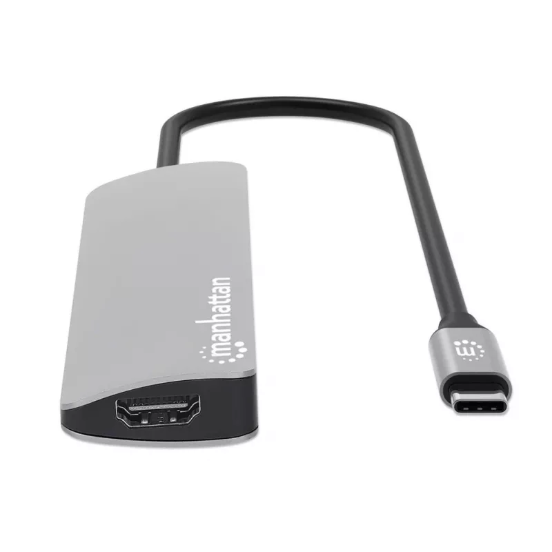 Manhattan USB-C Dock / Hub su kortelių skaitytuvu, prievadai (x5): HDMI, USB-A (x2) ir USB-C (x2), su Power Delivery (PD) 100W – reikalingas išorinis USB-C įkroviklis (neįtrauktas). Maitinamas per USB (nereikia išorinio maitinimo šaltinio), kai PD nenaudo