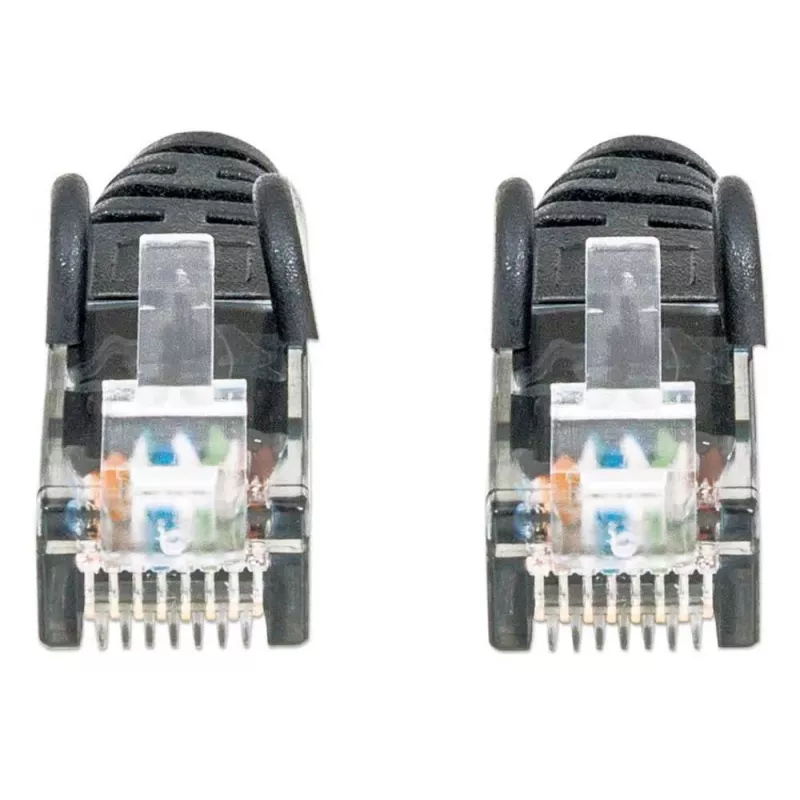 Intellinet tinklo jungiamasis kabelis, Cat6, 0,5 m, juodas, CCA, U/UTP, PVC, RJ45, auksuoti kontaktai, apsaugotas nuo užkabinimo, su gaubtuku, viso naudojimo garantija