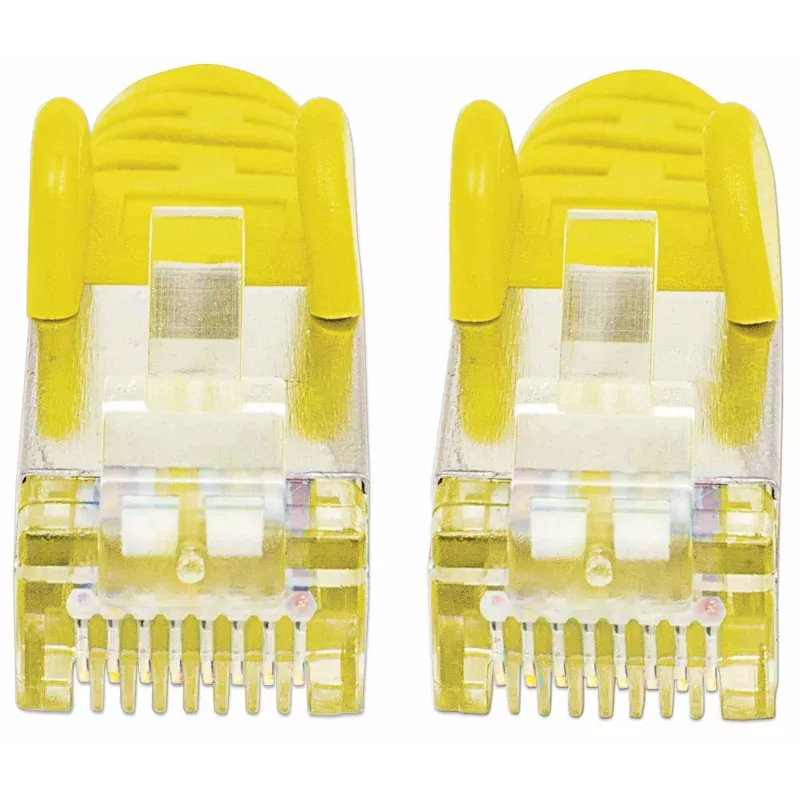 Intellinet tinklo jungiamasis laidas, Cat7 kabelis / Cat6A kištukai, 1m, geltonas, varinis, S/FTP, LSOH / LSZH, PVC, RJ45, paauksuoti kontaktai, su užraktu, su gaubtuvu, viso gyvenimo garantija