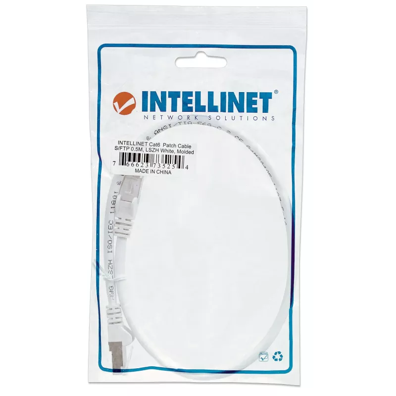 Intellinet tinklo jungiamasis kabelis, Cat6, 0,5 m, baltas, varinis, S/FTP, LSOH / LSZH, PVC, RJ45, auksuoti kontaktai, su apsauginiu gaubteliu, viso gyvenimo garantija