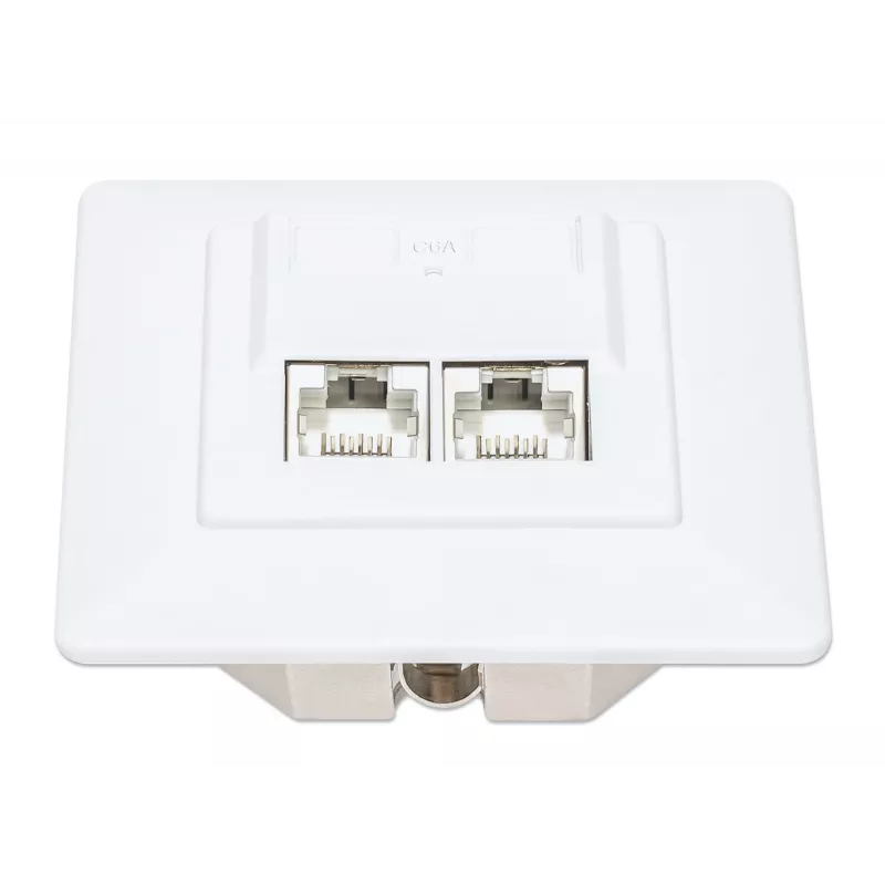 Intellinet 2-Port Cat6a 10G Ekranuota RJ45 Sieninė Jungtis su Plokščiu Montavimu ir Rozete, STP, Signal White RAL9003