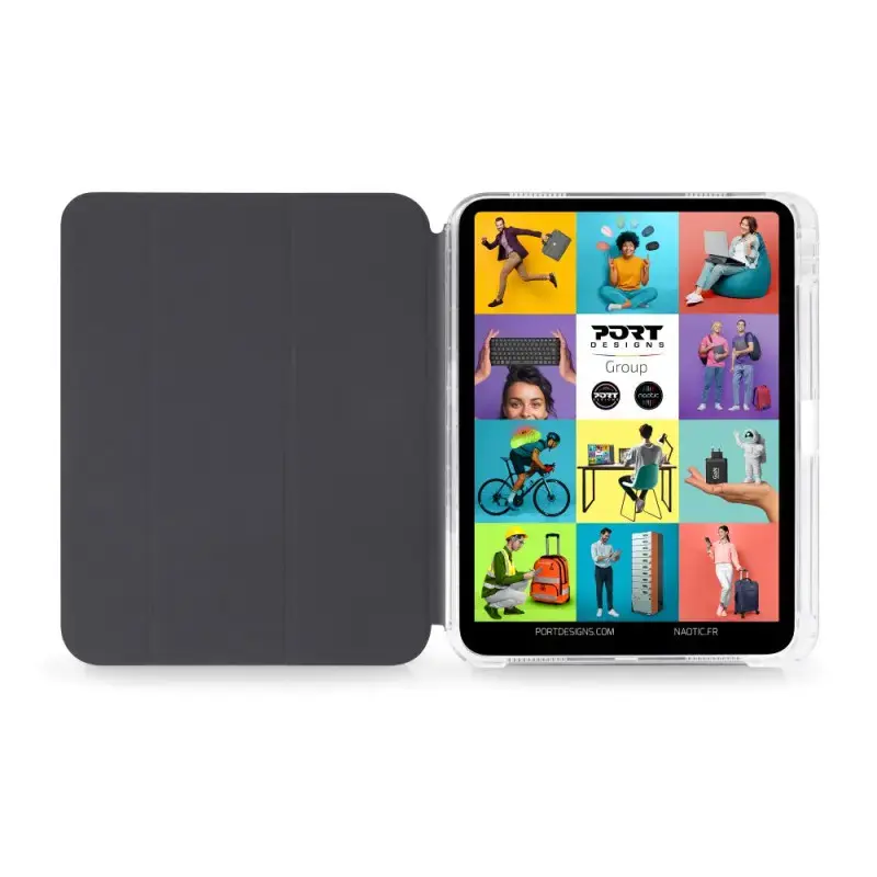 Dėklas su atlenkiamu dangteliu Port Designs Noumea II Slimclear Eco, skirtas iPad Air 11 colių (27,9 cm) — PET, 3 stovėjimo režimai, juoda/skaidri
