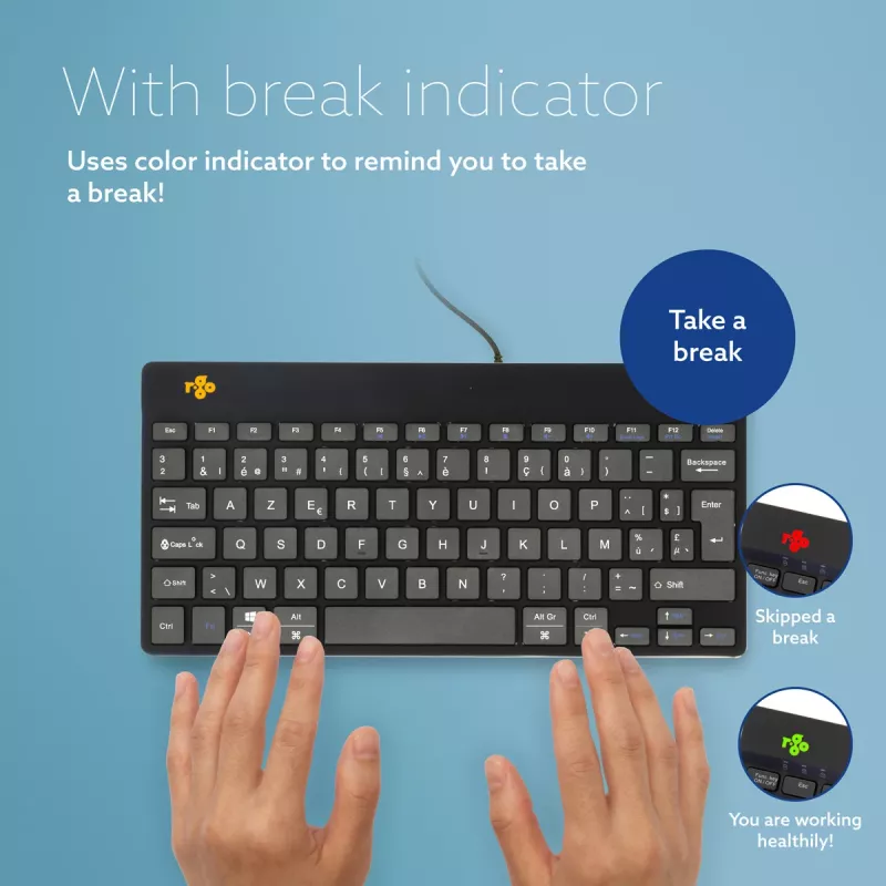 Ergonominė klaviatūra R-Go Compact Break, kompaktiška, su pertraukų programine įranga, AZERTY (BE), laidinė, juoda