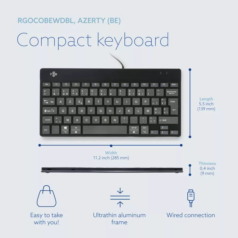 Ergonominė klaviatūra R-Go Compact Break, kompaktiška, su pertraukų programine įranga, AZERTY (BE), laidinė, juoda