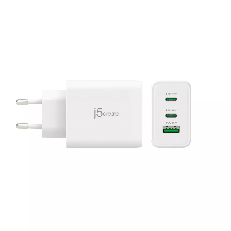 j5create JUP3365E-EN 65W GaN USB-C® 3 prievadų įkroviklis, vidaus, AC, baltas