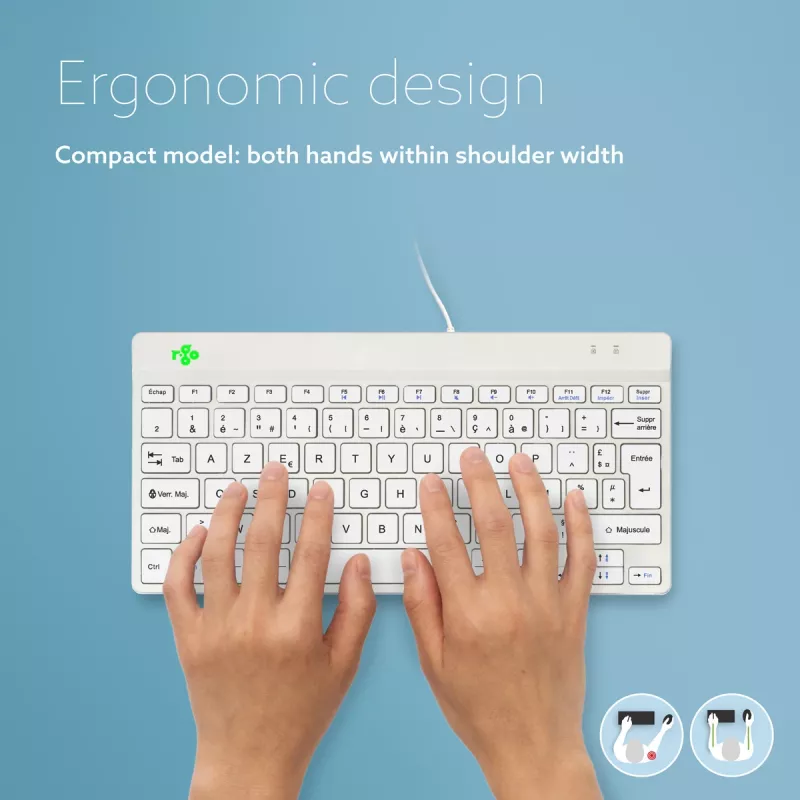 Ergonominė klaviatūra R-Go Tools Compact Break, kompaktiška, su pertraukų programine įranga, AZERTY (FR), laidinė, balta