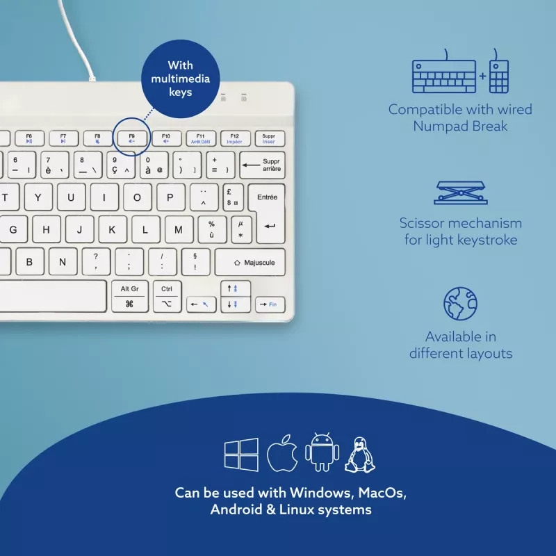 Ergonominė klaviatūra R-Go Tools Compact Break, kompaktiška, su pertraukų programine įranga, AZERTY (FR), laidinė, balta