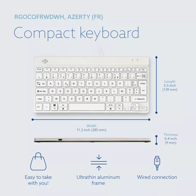 Ergonominė klaviatūra R-Go Tools Compact Break, kompaktiška, su pertraukų programine įranga, AZERTY (FR), laidinė, balta