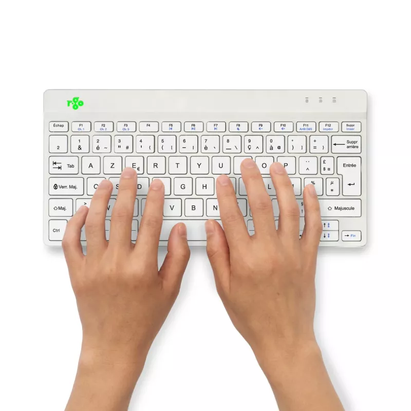 Ergonominė klaviatūra R-Go Compact Break, kompaktiška, su pertraukų programine įranga, AZERTY (FR), Bluetooth, balta