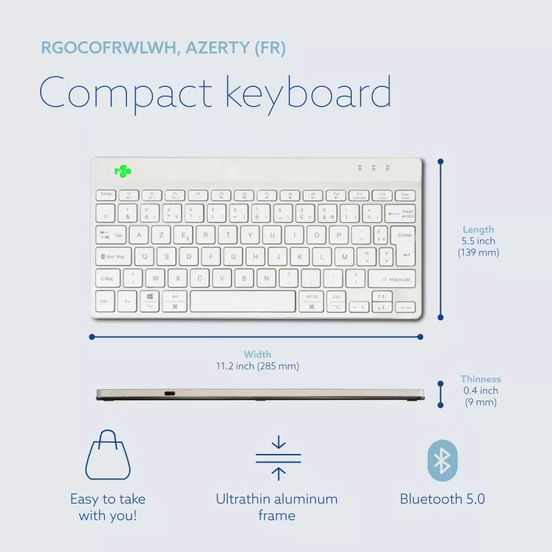 Ergonominė klaviatūra R-Go Compact Break, kompaktiška, su pertraukų programine įranga, AZERTY (FR), Bluetooth, balta