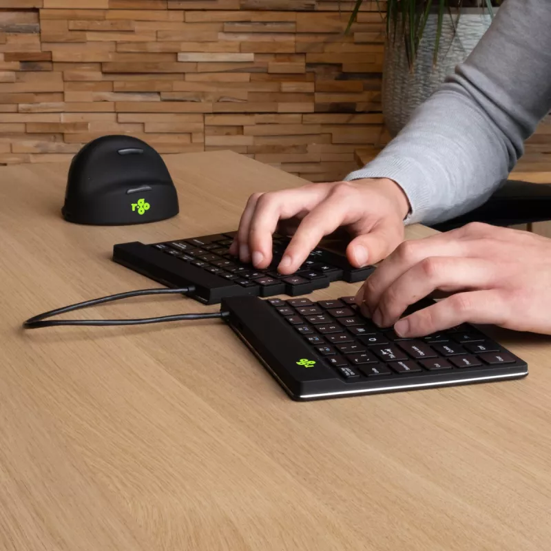 Ergonomiška klaviatūra R-Go Split Break su pertraukų programine įranga, ergonomiška split klaviatūra, AZERTY (FR), Bluetooth, juoda