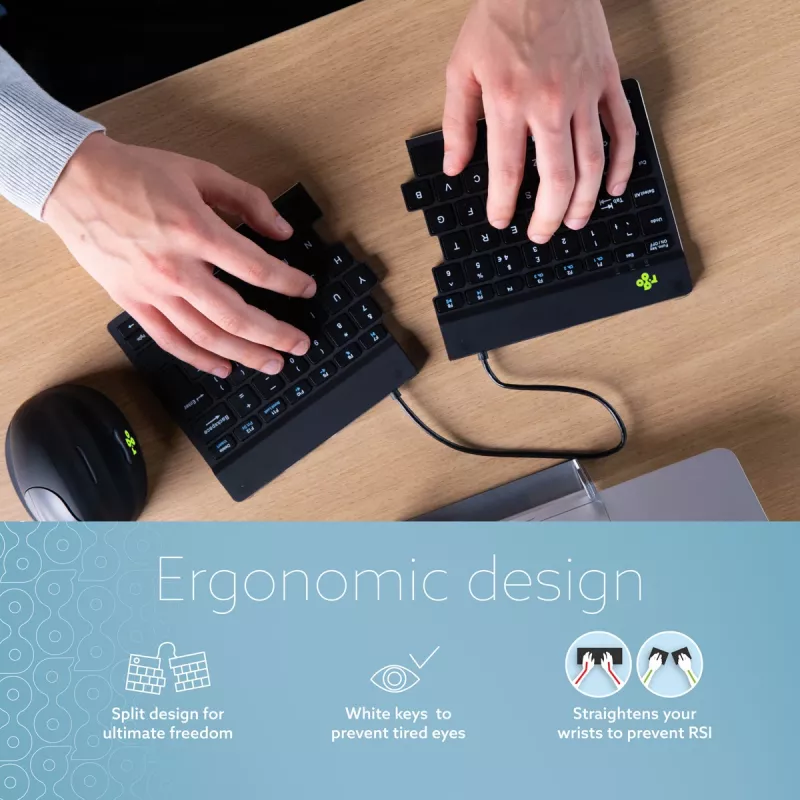 Ergonomiška klaviatūra R-Go Split Break su pertraukų programine įranga, ergonomiška split klaviatūra, AZERTY (FR), Bluetooth, juoda