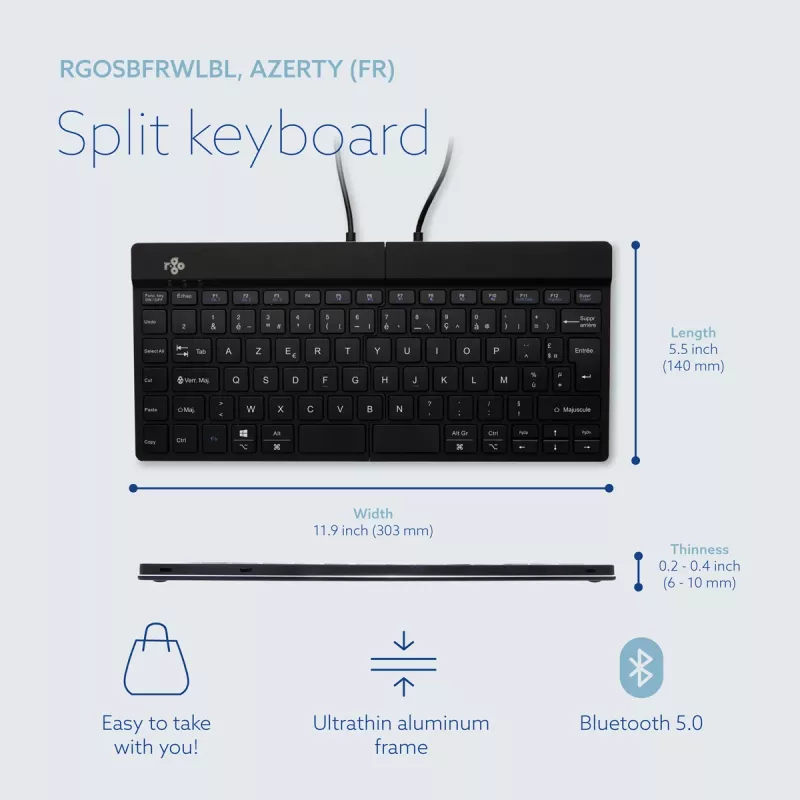 Ergonomiška klaviatūra R-Go Split Break su pertraukų programine įranga, ergonomiška split klaviatūra, AZERTY (FR), Bluetooth, juoda