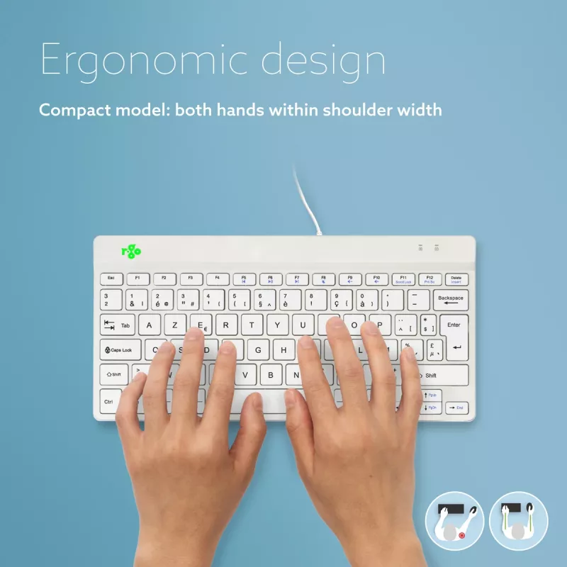 R-Go Tools ergonominė klaviatūra R-Go Compact Break, kompaktiška klaviatūra su pertraukų programine įranga, AZERTY (BE), laidinė, balta