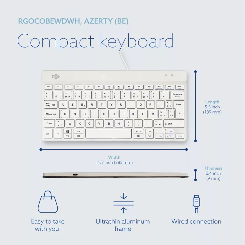 R-Go Tools ergonominė klaviatūra R-Go Compact Break, kompaktiška klaviatūra su pertraukų programine įranga, AZERTY (BE), laidinė, balta