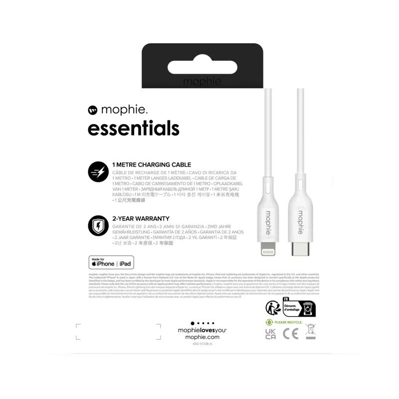 mophie essentials Lightning į USB-C įkrovimo laidas (1 m) Baltas