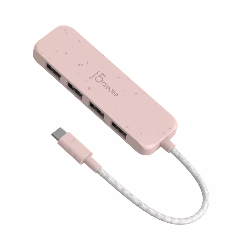 USB-C į 4 prievadų USB-A Gen 2 šakotuvas j5create — 10 Gbps, USB 3.2, rožinis, ABS perdirbtas plastikas, 100×27×19 mm