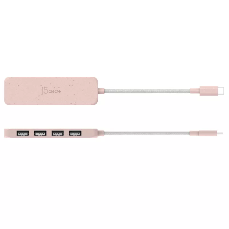USB-C į 4 prievadų USB-A Gen 2 šakotuvas j5create — 10 Gbps, USB 3.2, rožinis, ABS perdirbtas plastikas, 100×27×19 mm